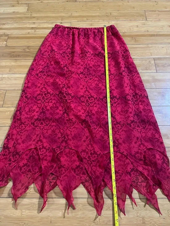 Y2K Chico's Red Damask Asymmetrical Point-Hem Flame Maxi Silk Skirt Whimsigoth - Picture 6 of 8